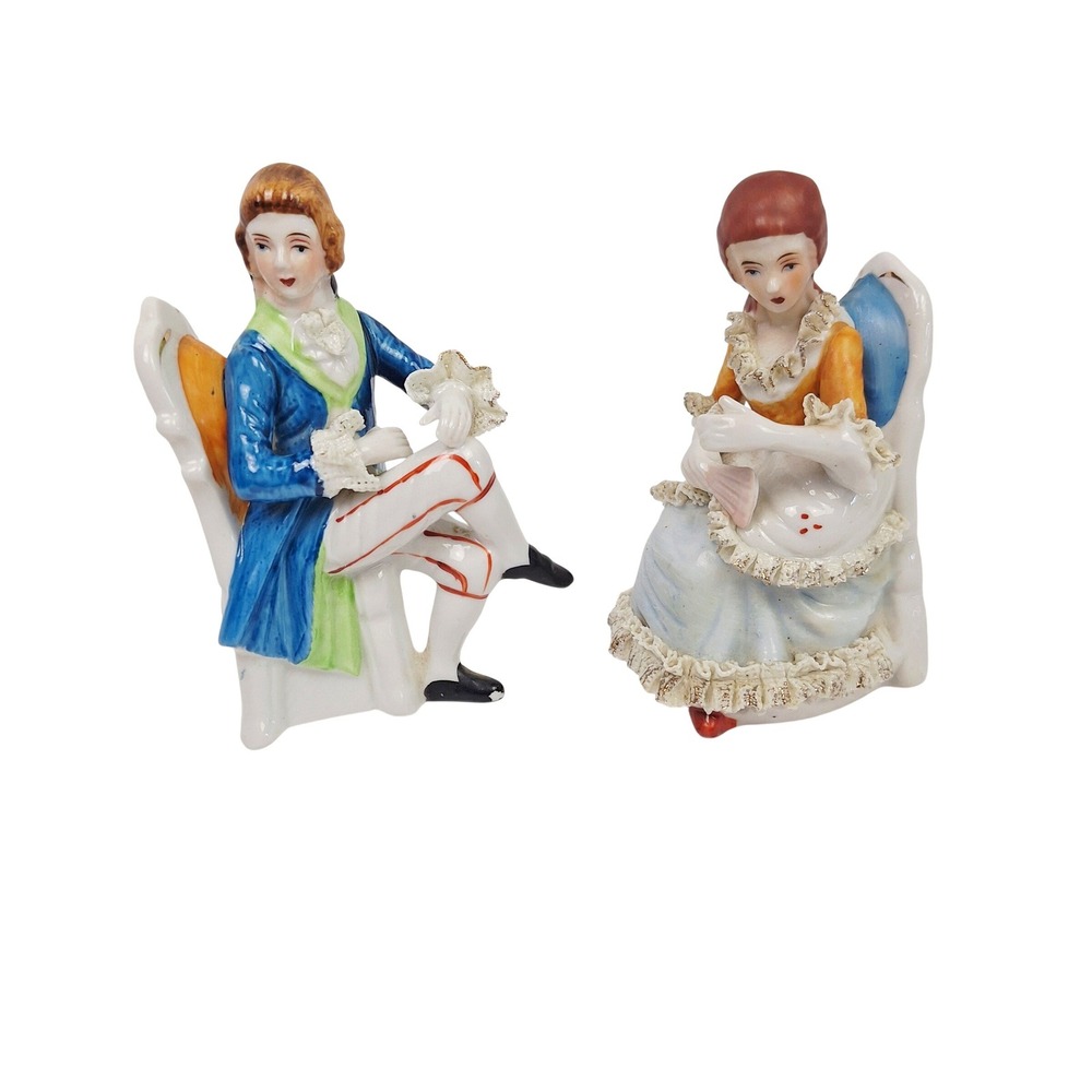 Antique Vintage‎ Style Porcelain Victorian Man & Woman Sitting Bookends Deville
